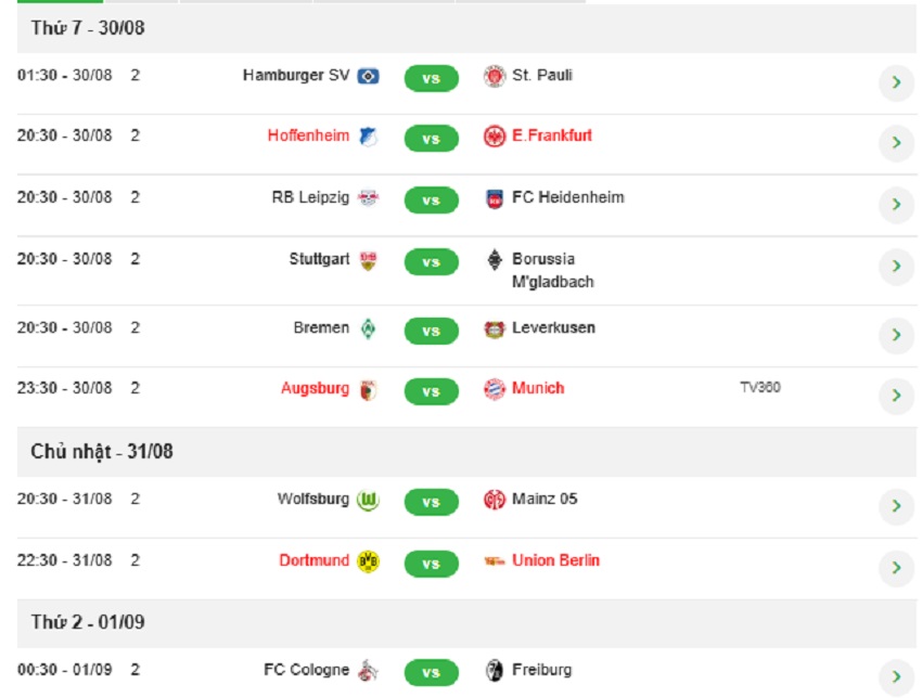 Lich thi dau vong 2 Bundesliga 2025/26