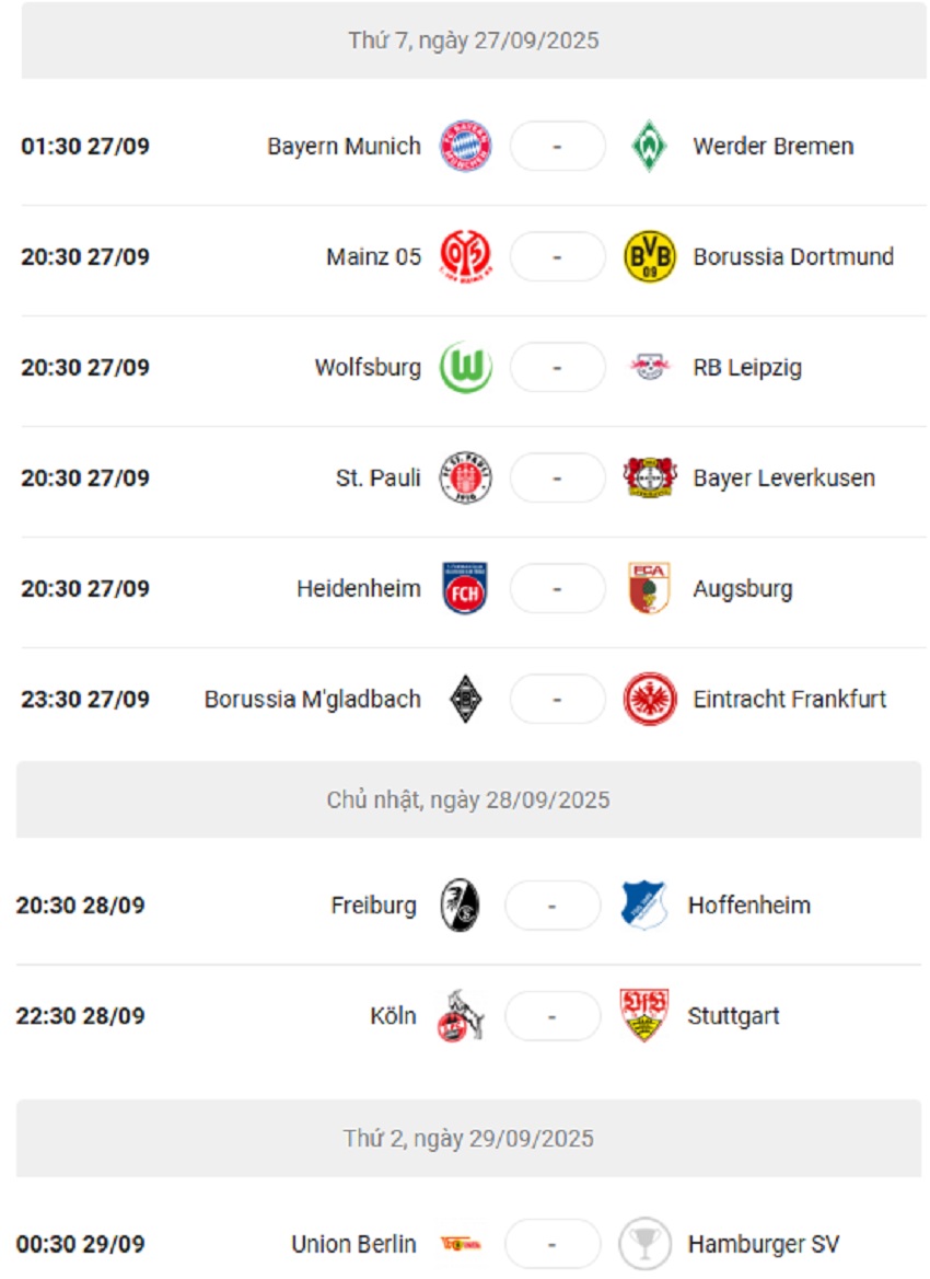 Lịch thi đấu bóng đá giải Bundesliga 2025/26 vòng 5 Lich thi dau Bundesliga 2025/26 vong 5