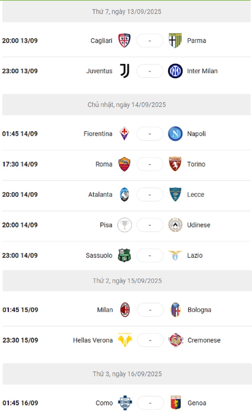 Cập nhật bảng đấu Serie A 2025/26 vòng 3 Lich thi dau Serie A 2025/26 vong 3