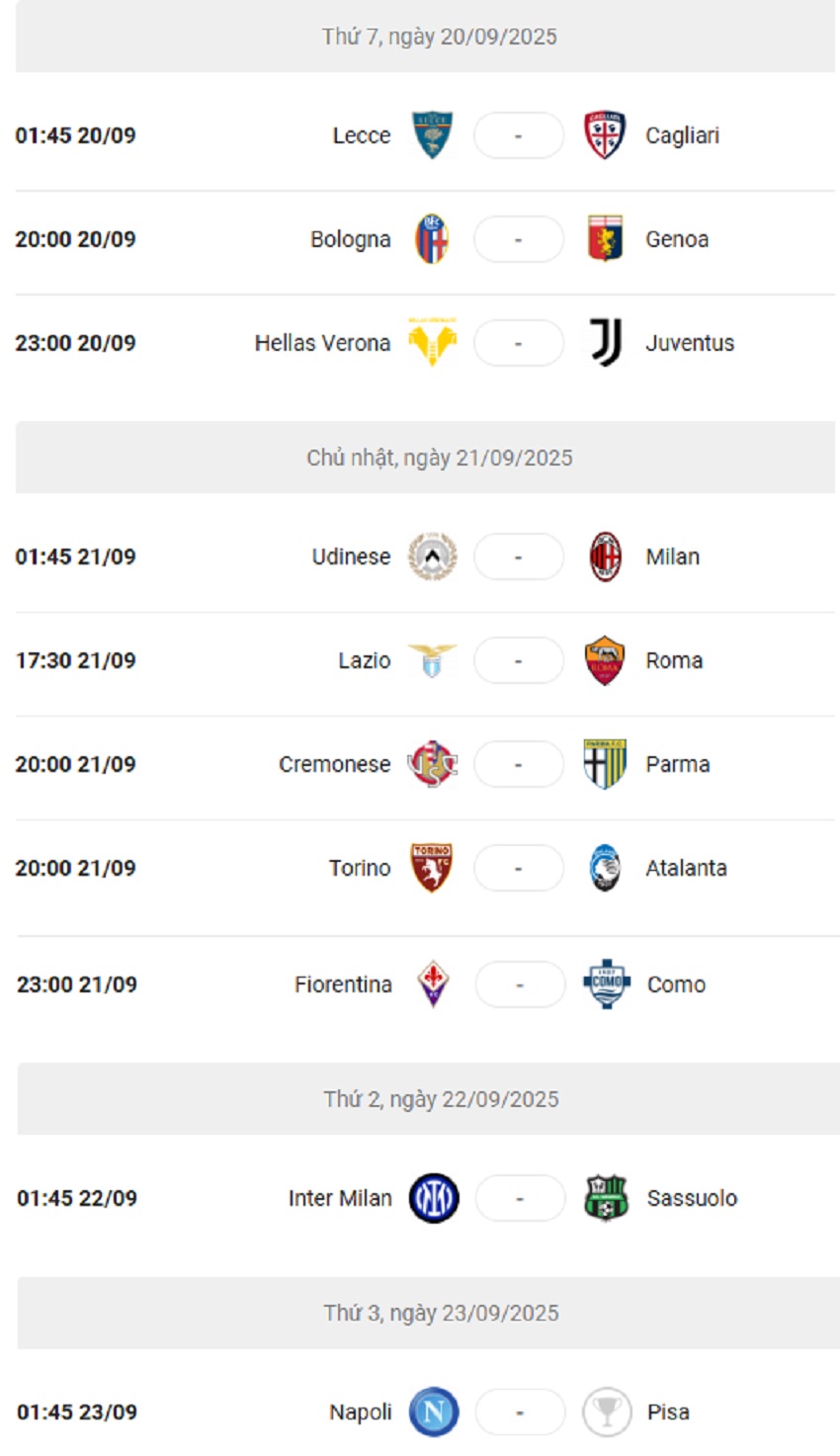 Lich thi dau Serie A 2025/26 vong 4