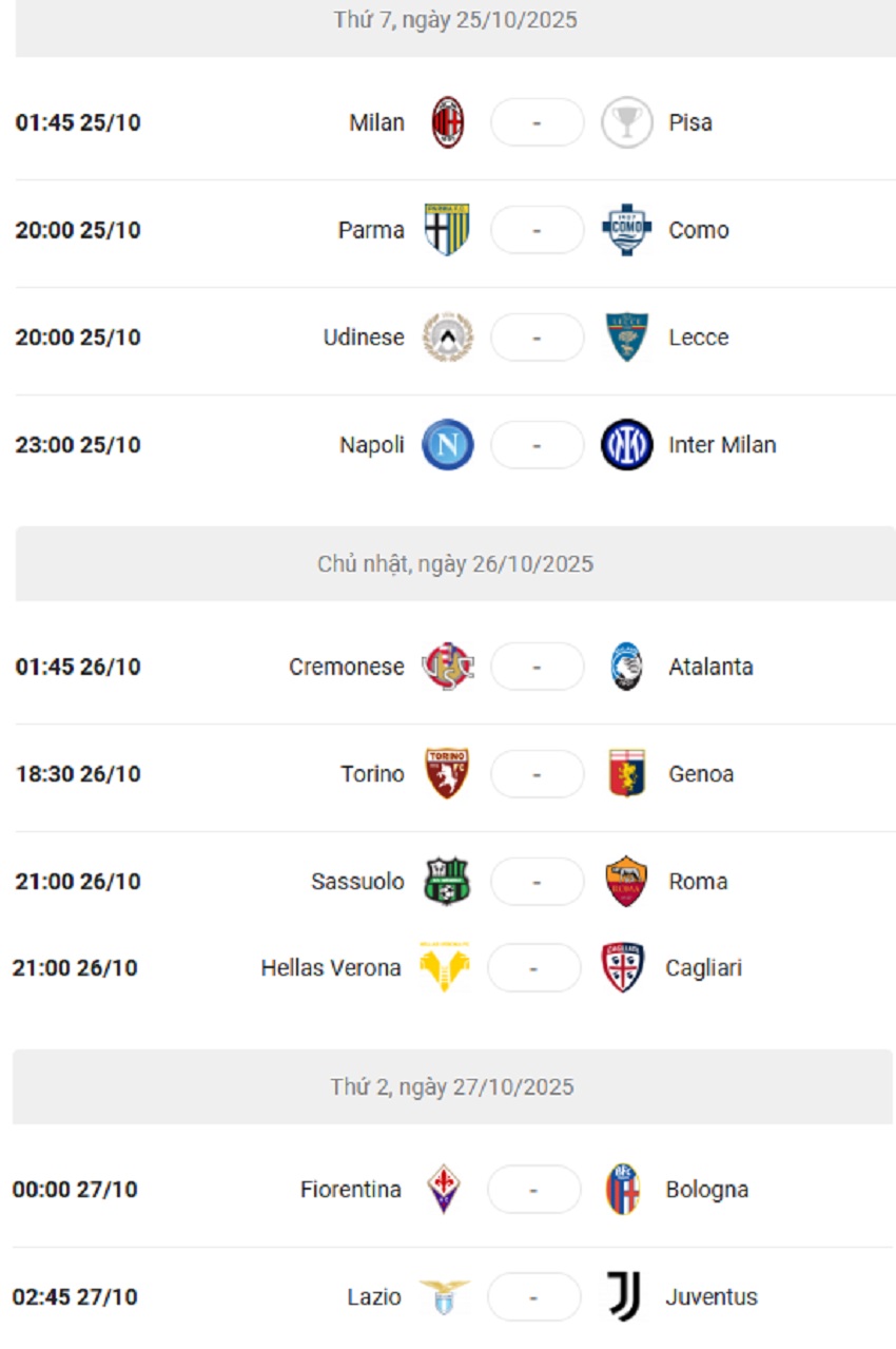 Lich thi dau Serie A 2025/26 vong 8 