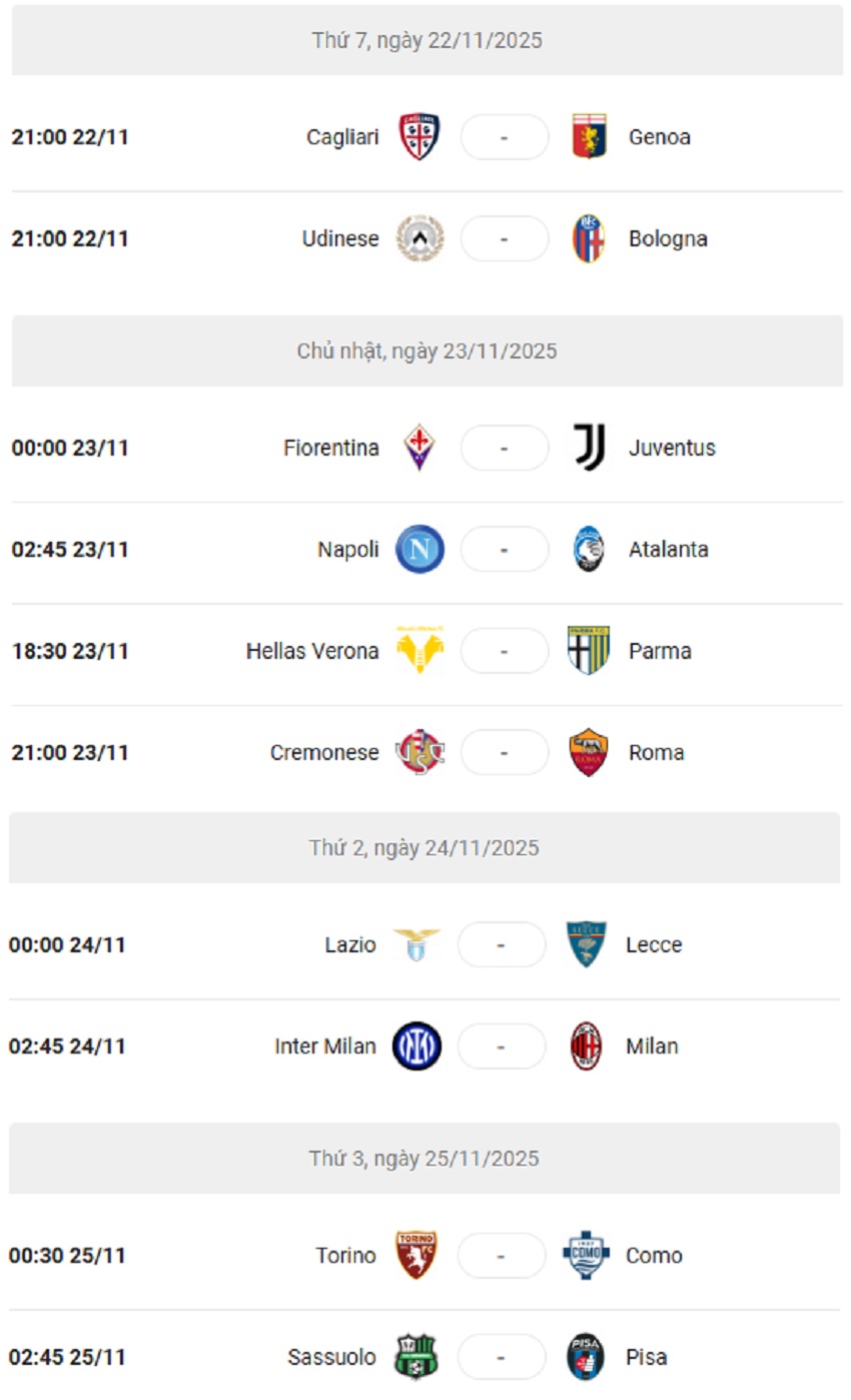 Lich thi dau Serie A 2025/26 vong 12