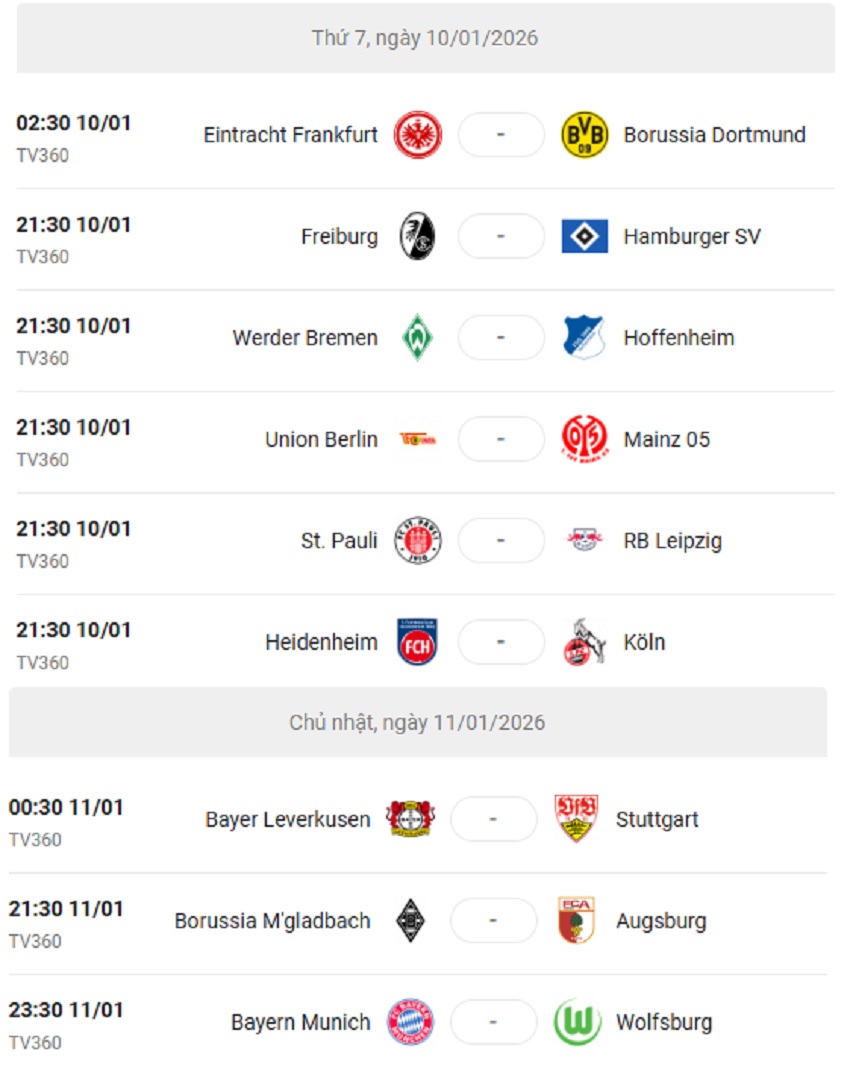 Lich thi dau Bundesliga 2025/26 vong 16