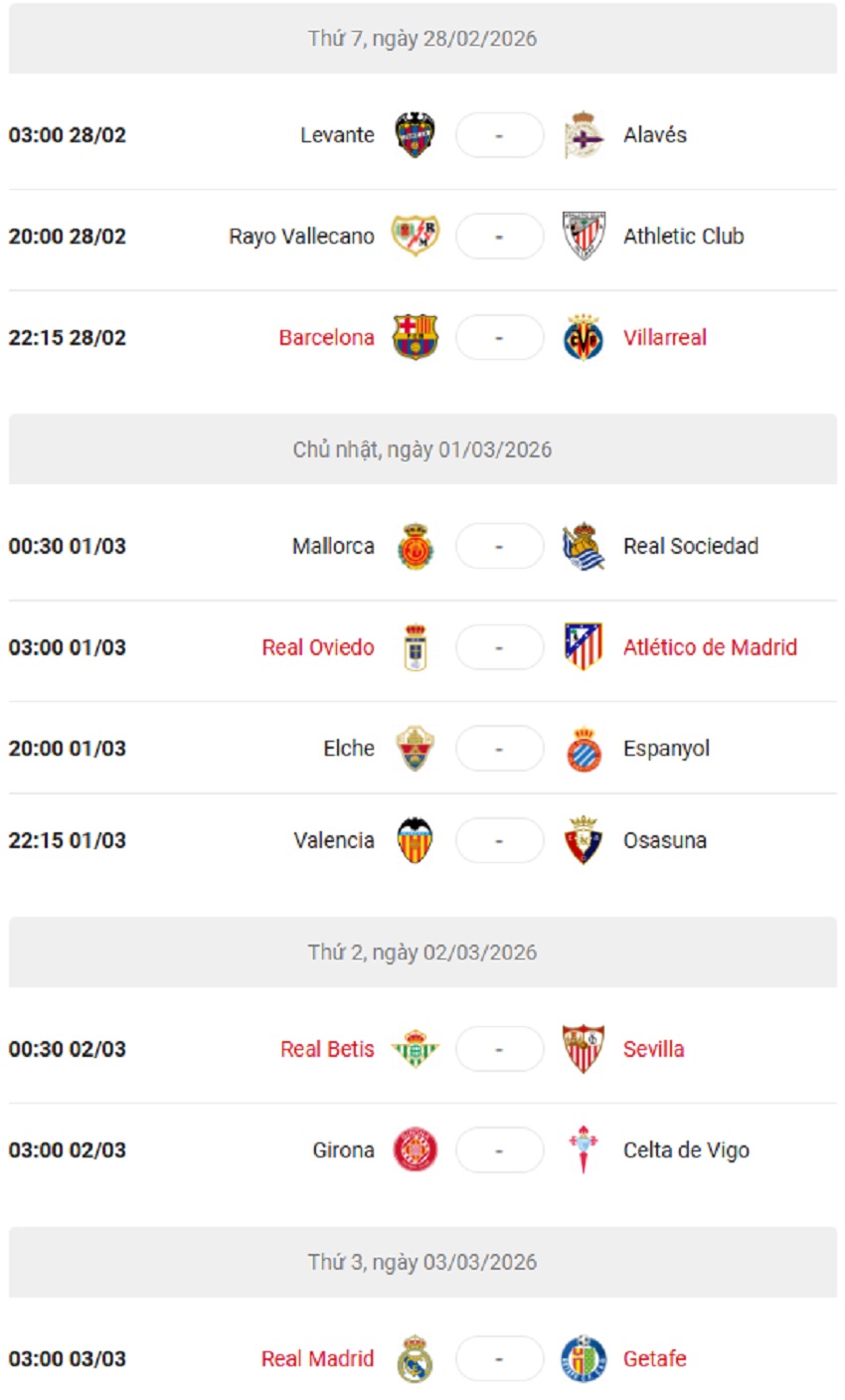 Lich thi dau La Liga 2025/26 vong 26