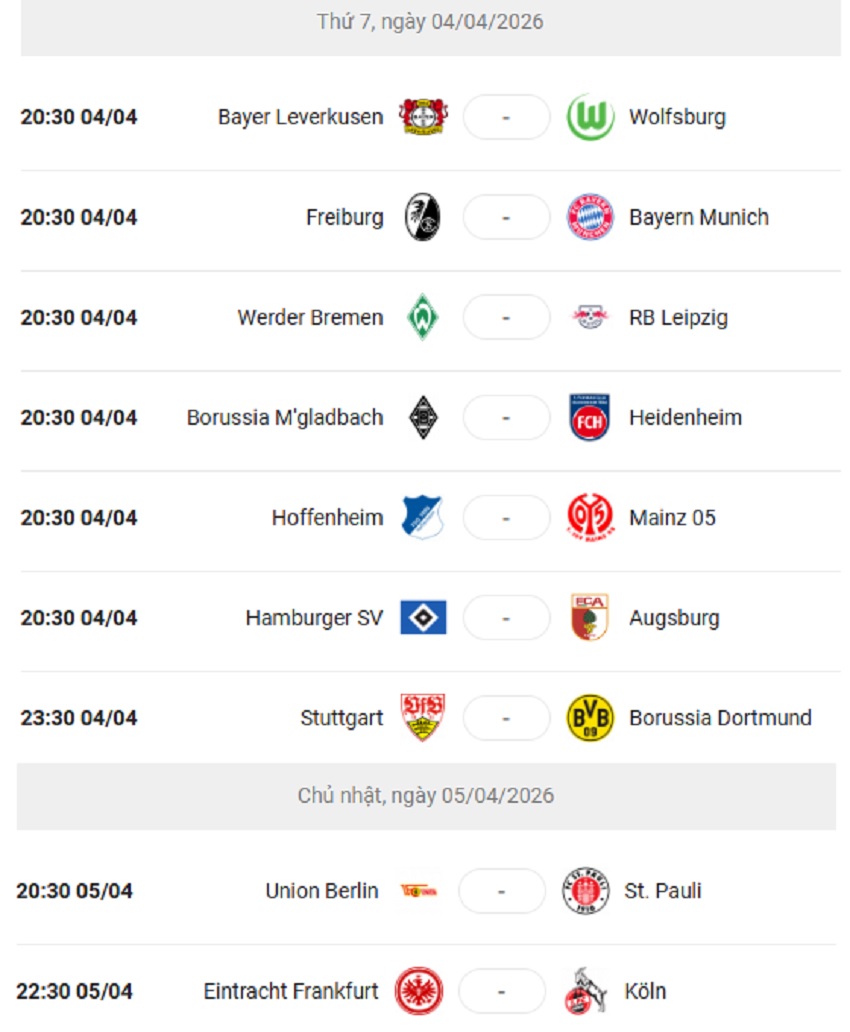Lich thi dau Bundesliga 2025/26 vong 28 