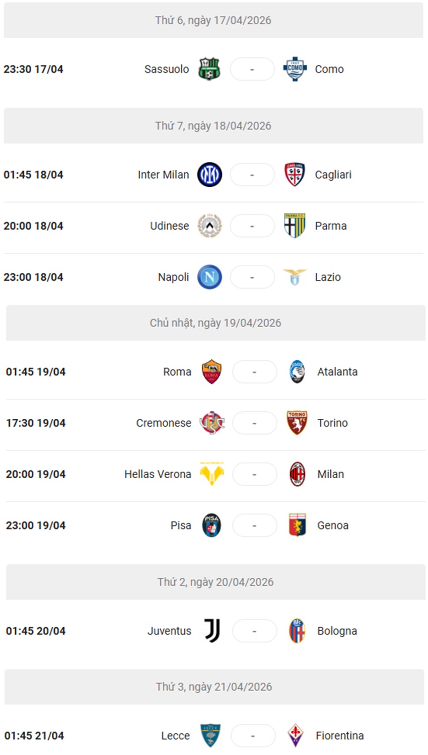 Lich thi dau Serie A 2025/26 vong 33 