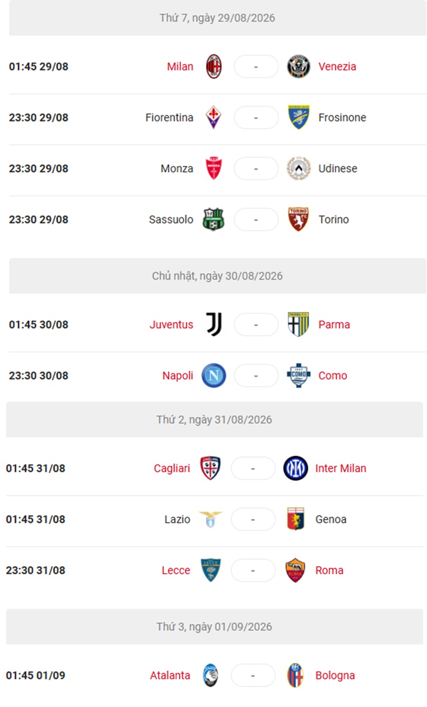 Lich thi dau Serie A 2026/27 vong 2