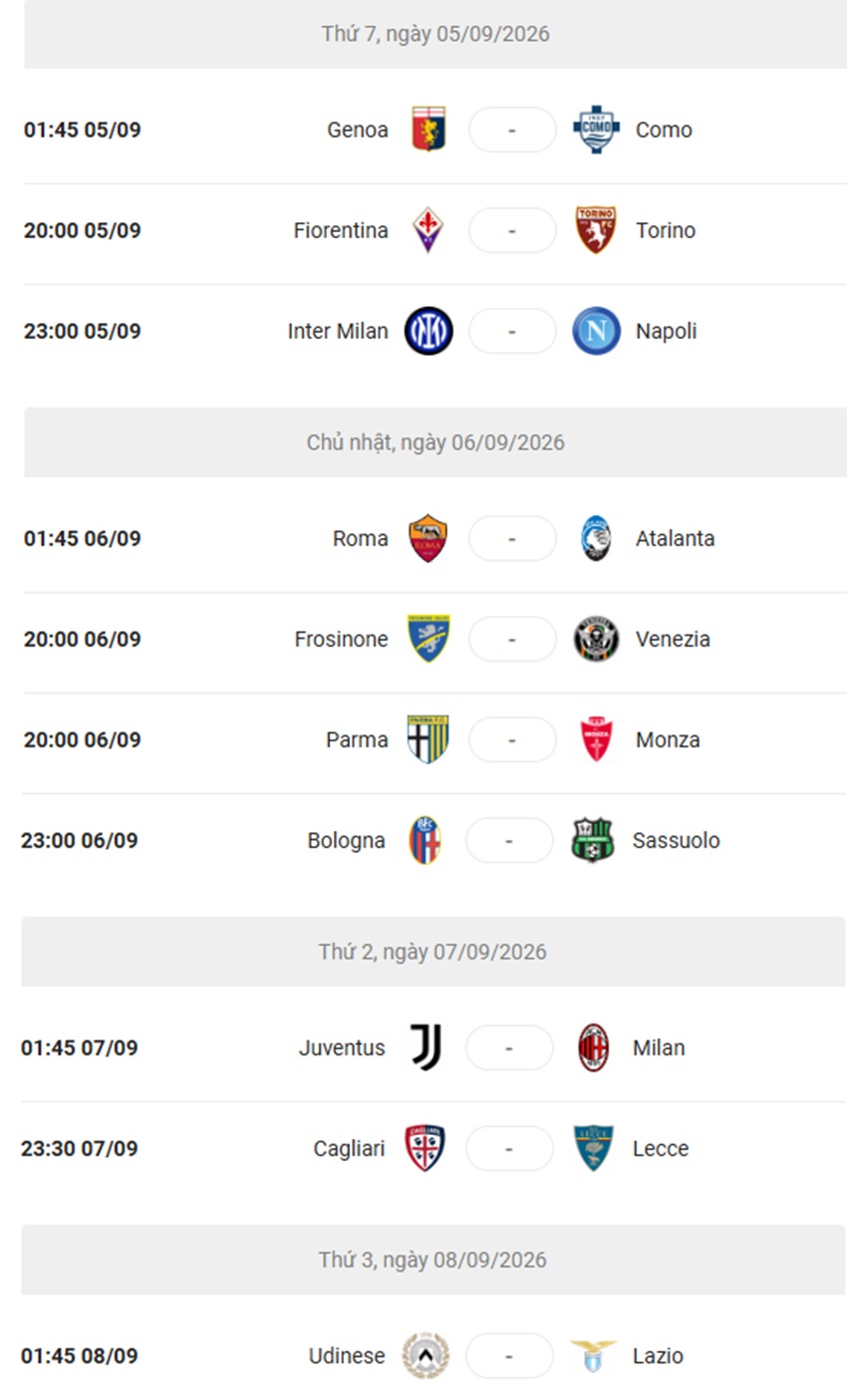 Lich thi dau Serie A 2026/27 vong 3