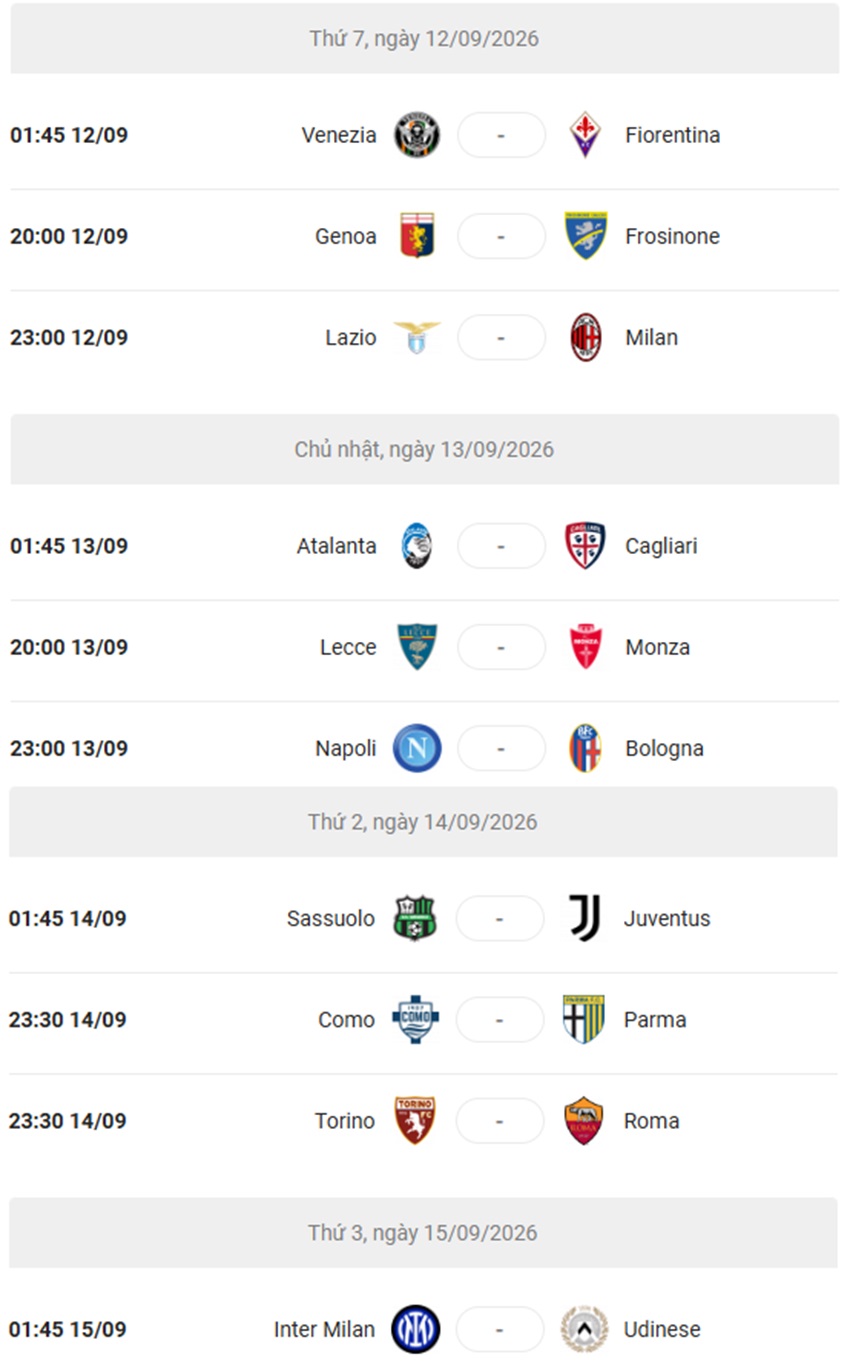 Lich thi dau Serie A 2026/27 vong 4 