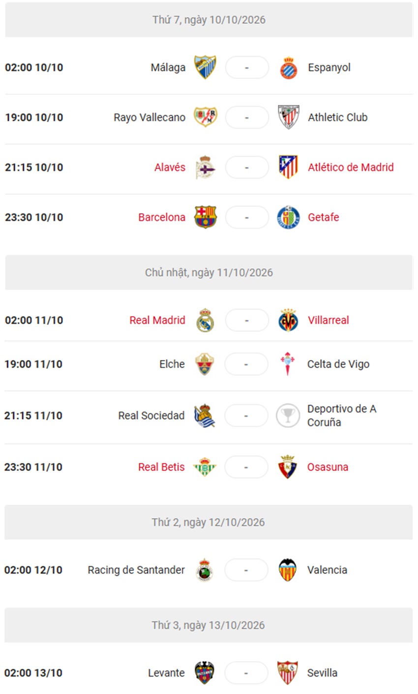 Lich thi dau La Liga 2026/27 vong 8