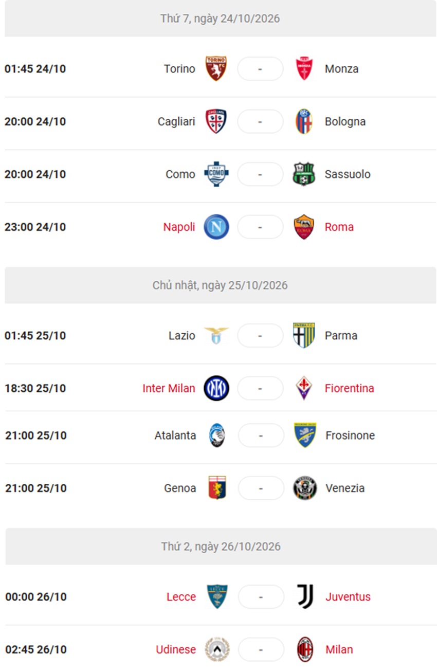 Lịch thi đấu Serie A 2026/27 vòng 8 Lich thi dau vong 8 Serie A 2026/27